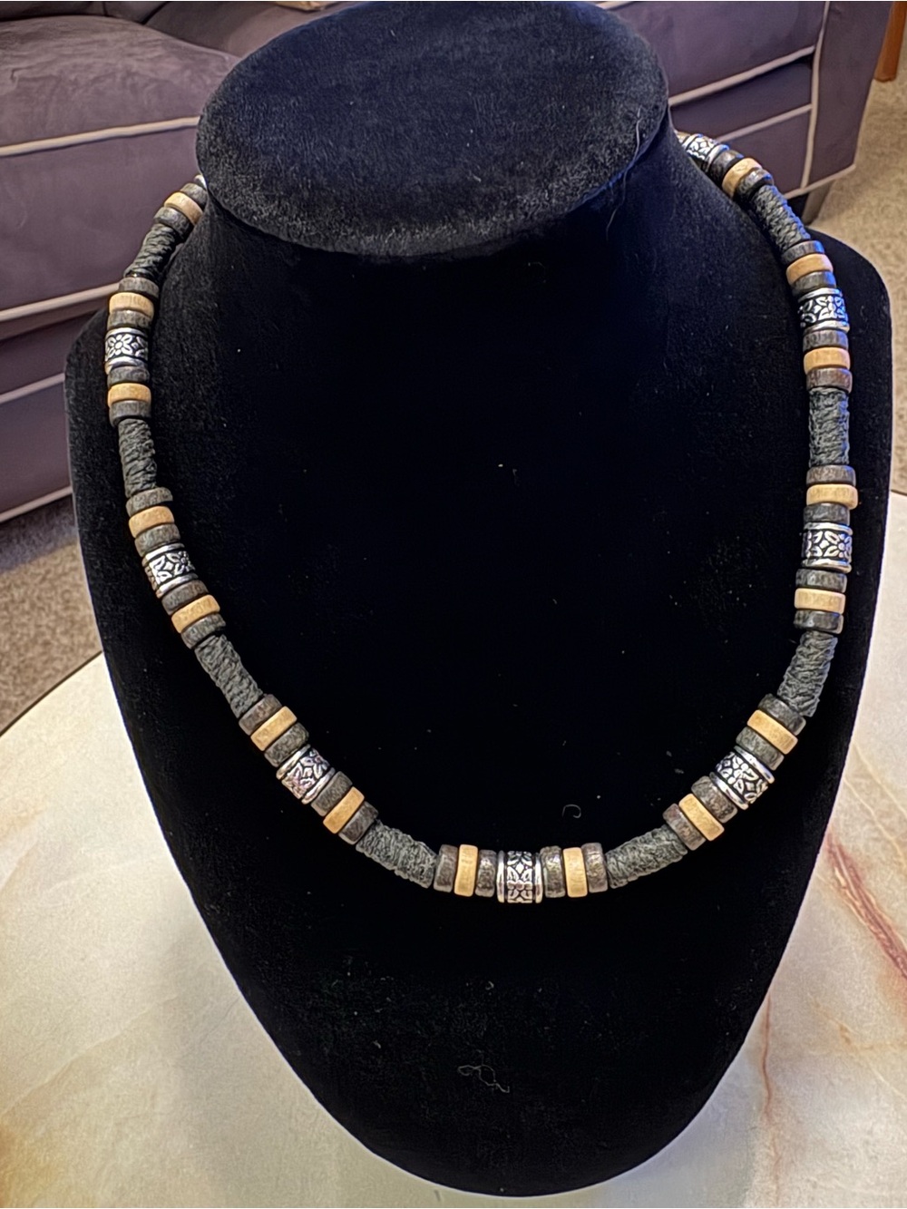 Tribal Style black, wood, and Silvertone beaded necklace. Handcrafted.